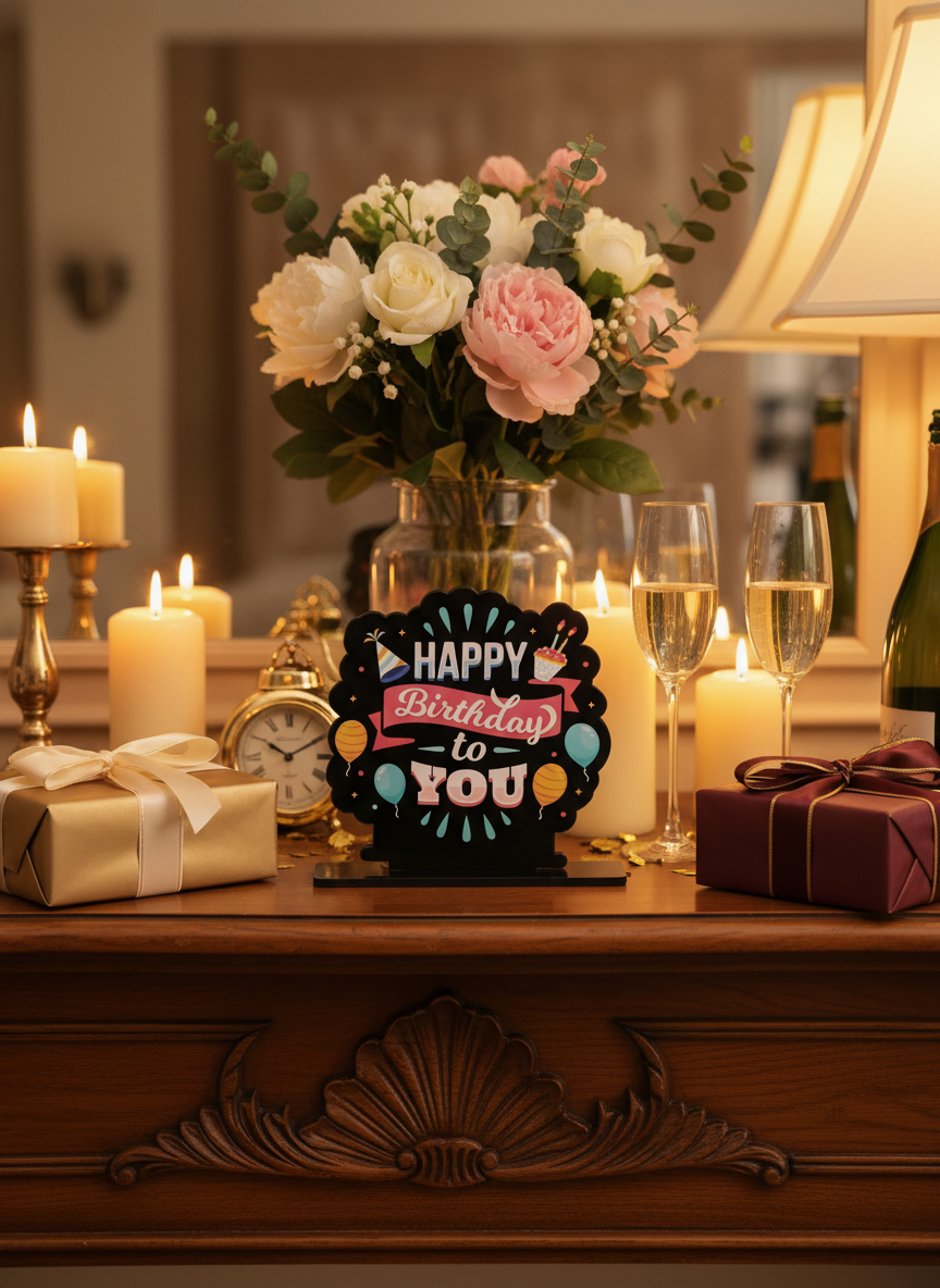 Happy Birthday Standee in elegant sophisticated setting
