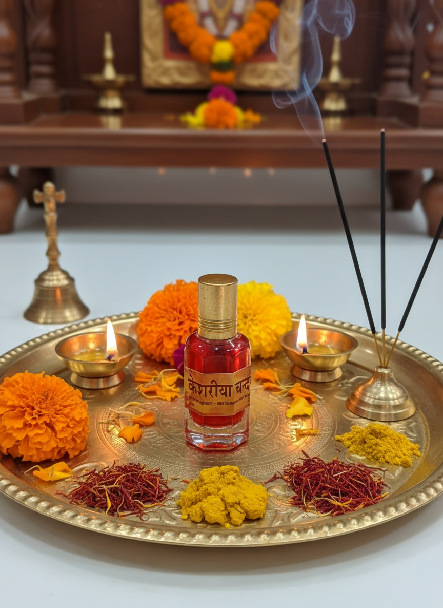 Kesar Chandan Itra in traditional puja setting