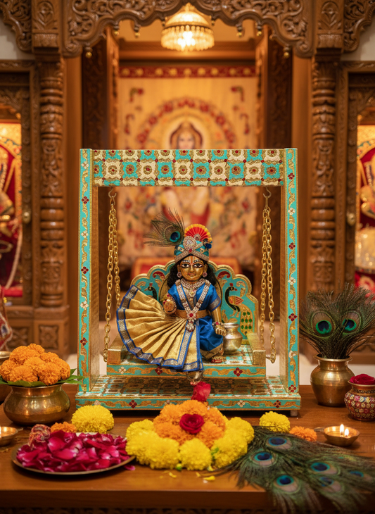 Laddu Gopal sitting in Large Meenakari Jhula