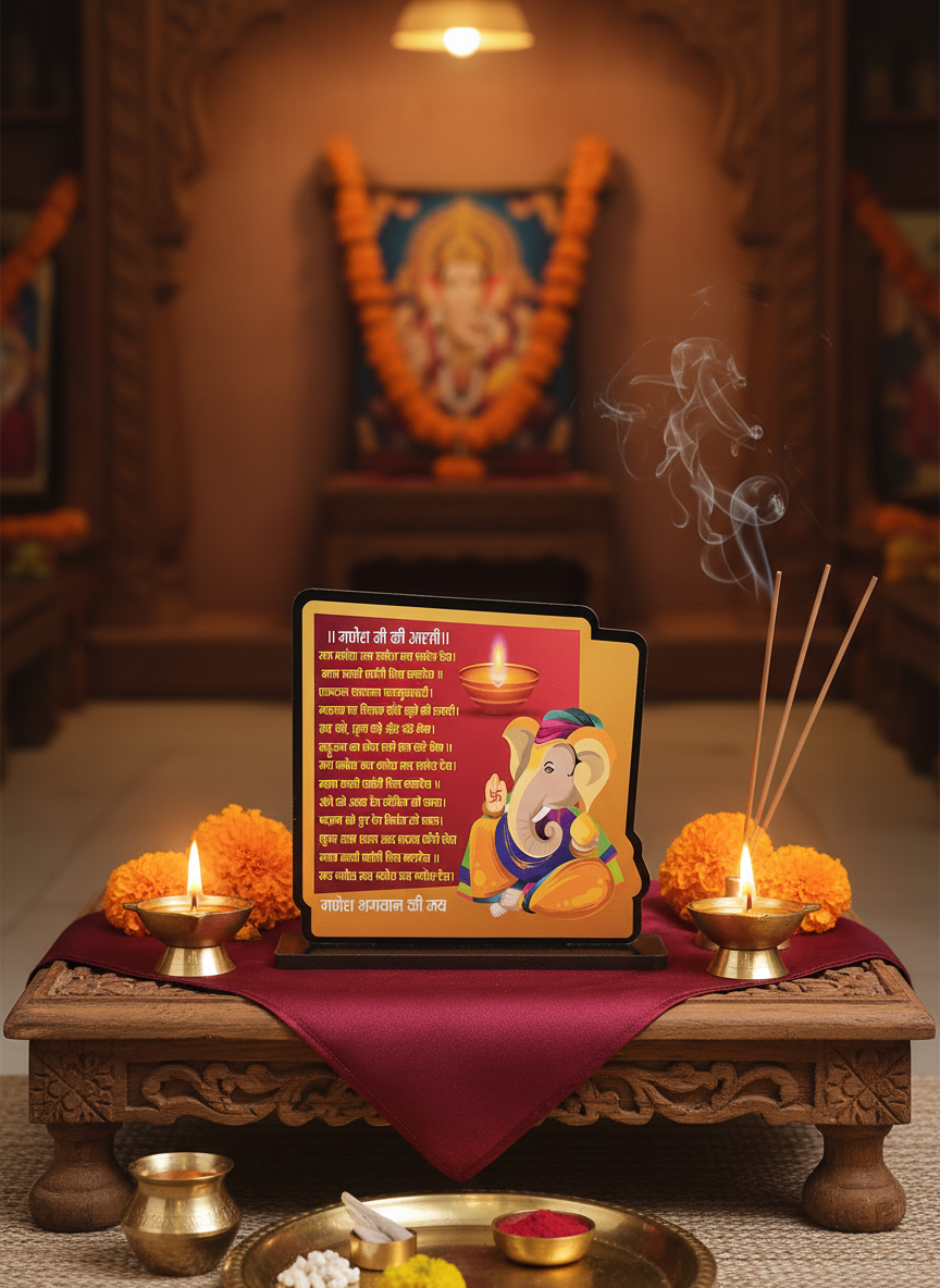 Ganesh Aarti Standee in traditional puja room