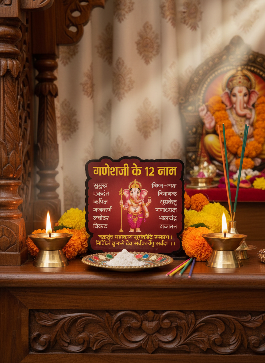 Ganesh Ji Ke 12 Naam Standee in traditional puja room