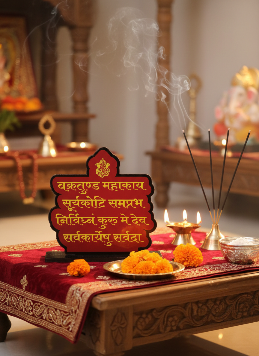 Ganesh Mantra Standee in traditional puja room