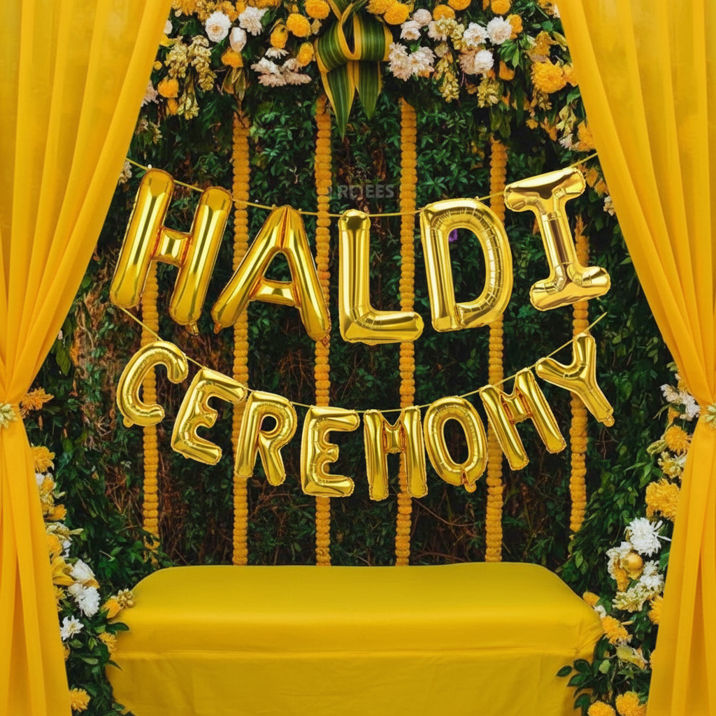 Haldi Ceremony Foil Balloons Banner in festive setting