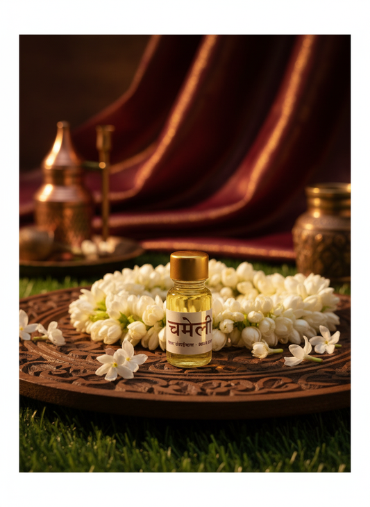 Itra Bottle Chameli with chameli flowers