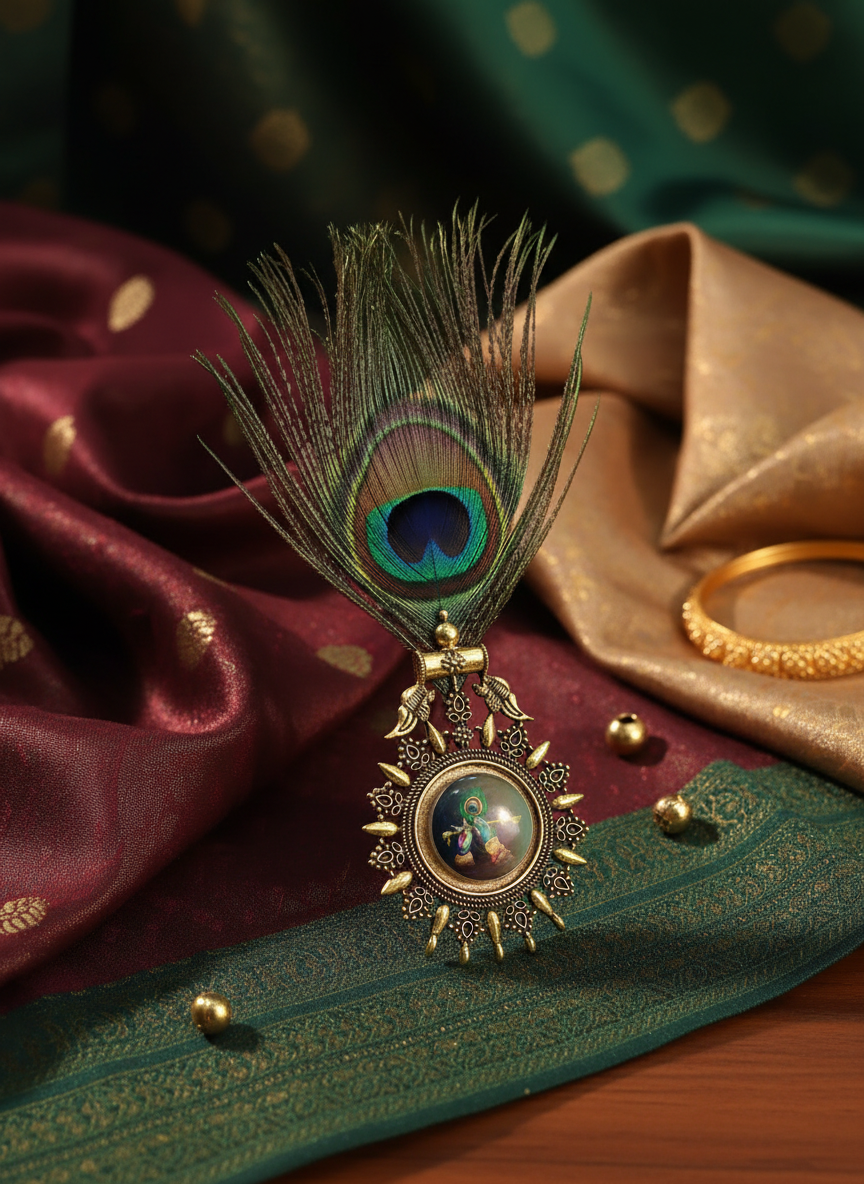 Krishna Brooch on traditional fabric backdrop