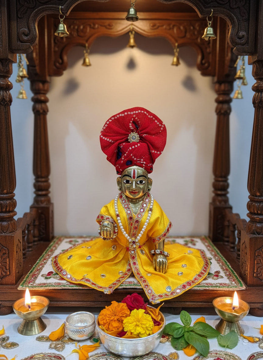 Laddu Gopal Mukut on idol in temple setting