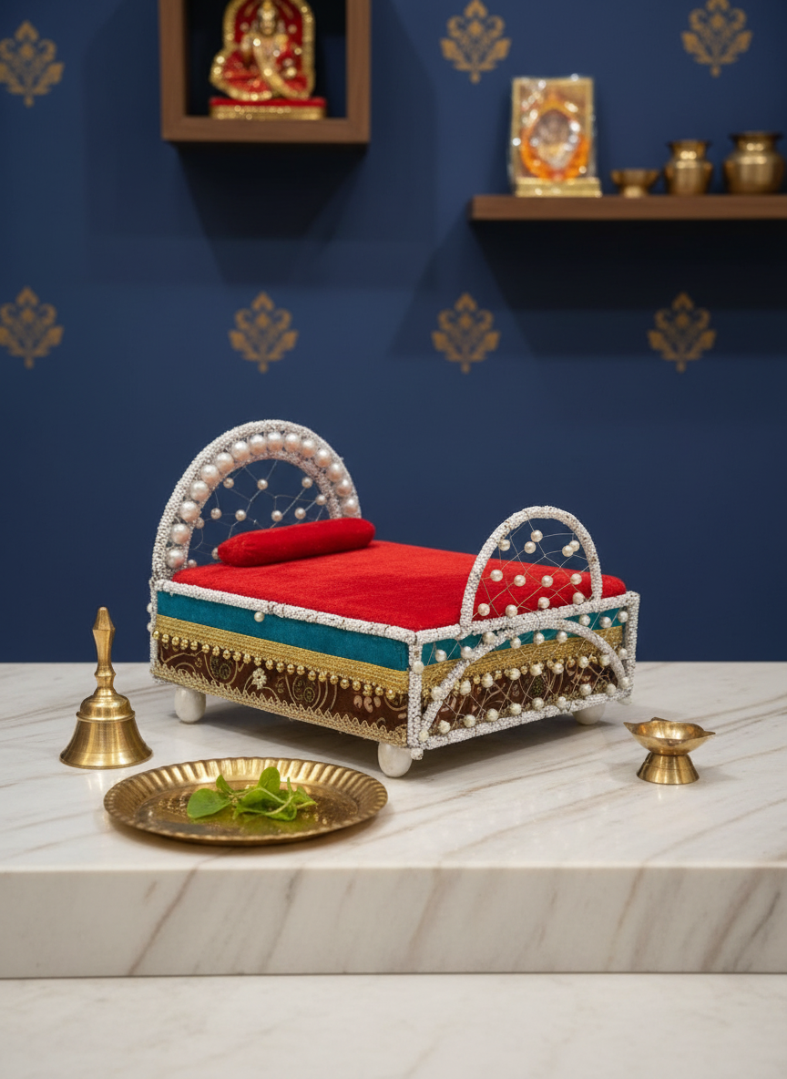 Laddu Gopal Palang in elegant home puja room