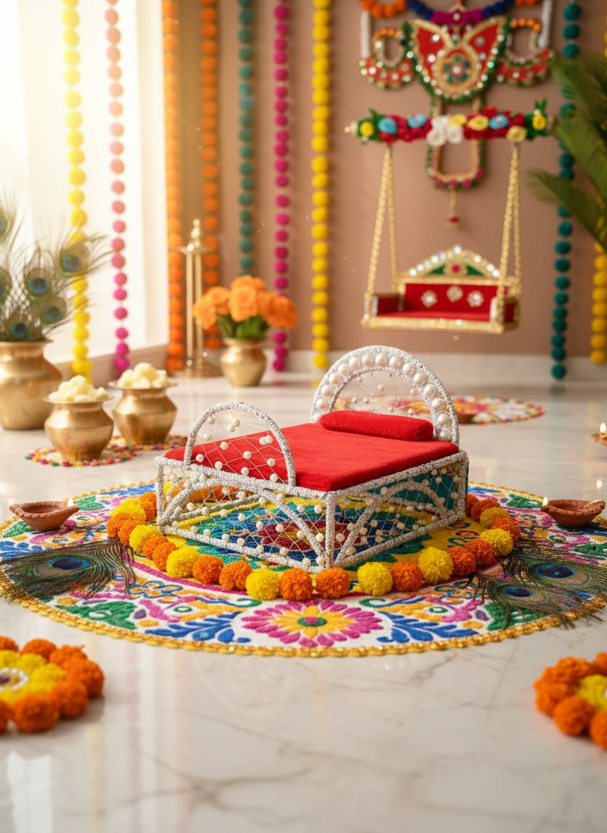 Laddu Gopal Palang in festive Janmashtami setting