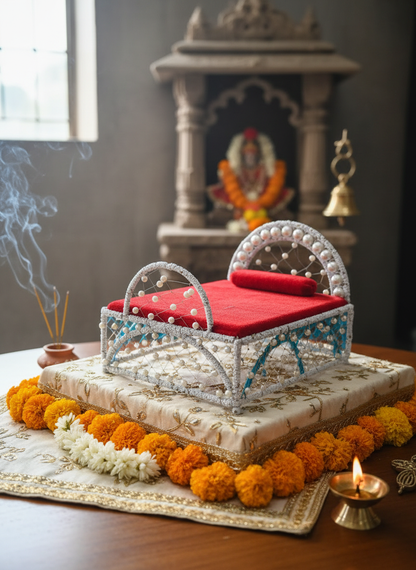 Laddu Gopal Palang in serene temple setting