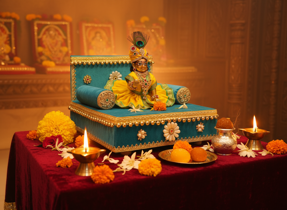 Laddu Gopal Palang with idol in temple setting