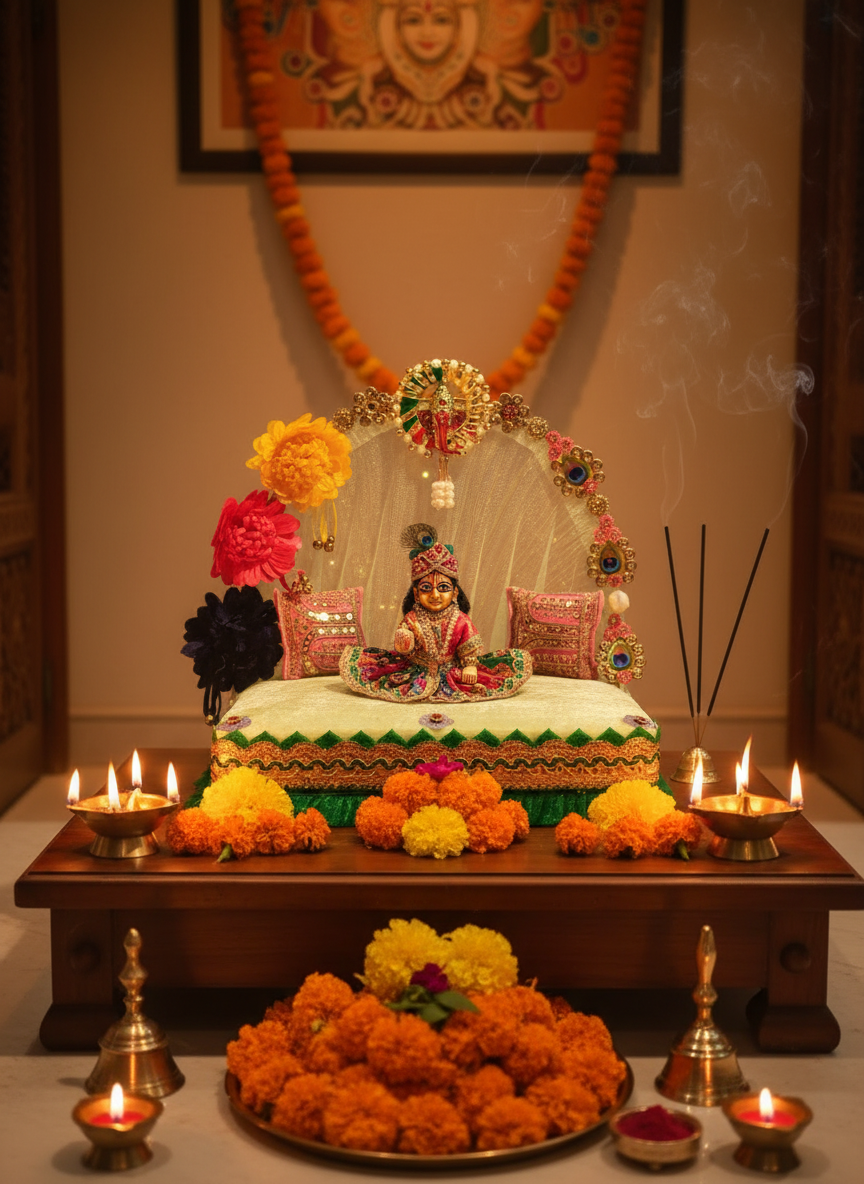 Laddu Gopal Singhasan in traditional temple setting