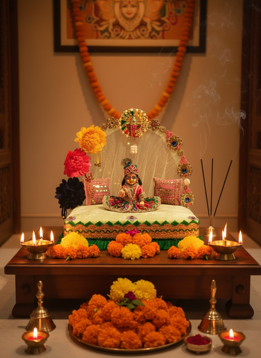 Laddu Gopal Singhasan in traditional temple setting