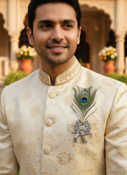 Radhe Krishna Brooch on modern bandhgala